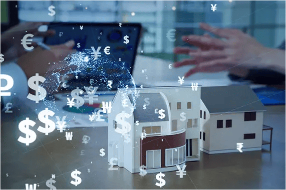 miniature house with floating dollar signs